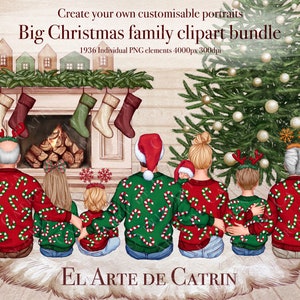 Grand paquet familial de Noël, clipart de famille aquarelle, créateur de portrait de famille DIY, famille assise, carte de Noël DIY, Joyeux Noël