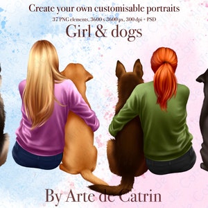 Meisje en honden clipart, beste vrienden clipart, familielid, moeder hond cadeau DIY-ideeën, hondenliefhebber PNG, huisdier zitten, herder en retriever