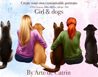 Girl and Dogs Clipart, Best Friends Clipart, Family Member, Mom Dog Gift DIY Ideas, Dog Lover PNG, Pet Sitting, Shepherd And Retriever