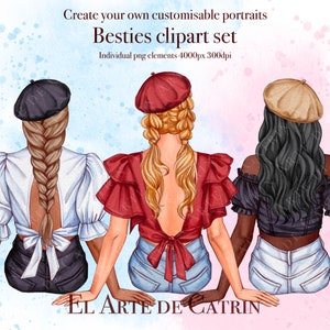 Imágenes Prediseñadas de Besties, Imágenes Prediseñadas de mejores amigos, retrato de BFF DIY, creador de imágenes prediseñadas de personas sentadas, chicas de moda con blusas de verano, personalizable