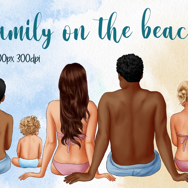 Familie am Strand, Sommer Clipart, Große Familie, Vatertag Clipart, Muttertag Clipart, Kinder Clipart, drei Kinder und Eltern