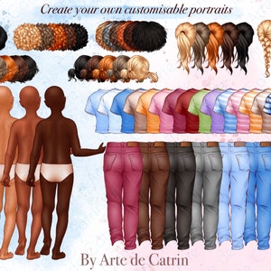 Puede incluir: Un conjunto de ilustraciones digitales de retratos personalizables con cuatro tonos de piel diferentes, varios peinados, camisas, pantalones y zapatos. El texto "Crea tus propios retratos personalizables" y "By Arte de Catrin" est&aacute;n incluidos en la imagen.