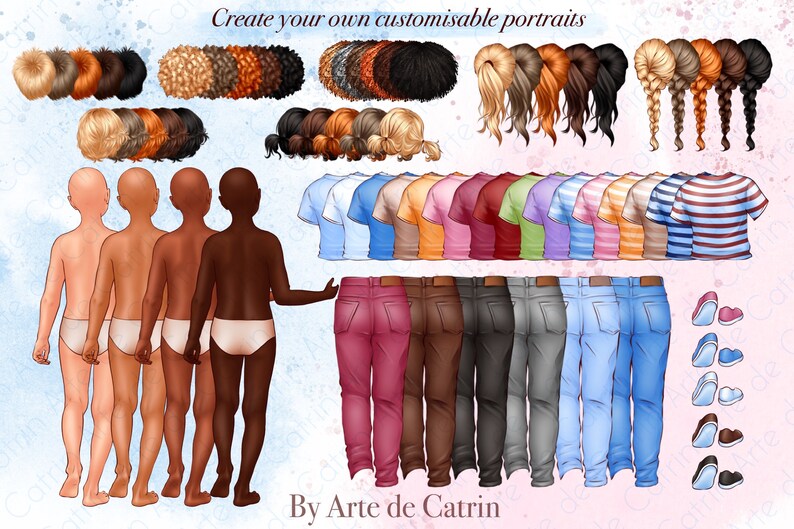 Puede incluir: Un conjunto de ilustraciones digitales de retratos personalizables con cuatro tonos de piel diferentes, varios peinados, camisas, pantalones y zapatos. El texto "Crea tus propios retratos personalizables" y "By Arte de Catrin" est&aacute;n incluidos en la imagen.