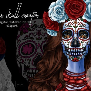 Sugar Skull Schöpfer, Tag der Toten ClipArt, Zuckerschädel Makeup, Halloween Clipart, Vintage gruselig, Santa Muerte, La Calavera Catrina