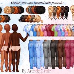 Puede incluir: Crea tus propios retratos personalizables. Una ilustraci&oacute;n digital de cuatro tonos de piel diferentes, con varios peinados, camisas, pantalones y zapatos. La imagen incluye el texto "Create your own customizable portraits" y "By Arte de Catrin".