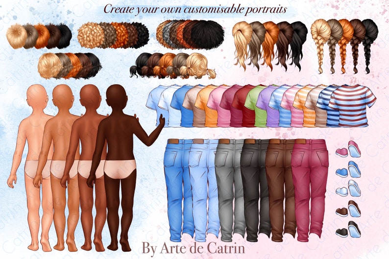 Puede incluir: Crea tus propios retratos personalizables. Una ilustraci&oacute;n digital de cuatro tonos de piel diferentes, con varios peinados, camisas, pantalones y zapatos. La imagen incluye el texto "Create your own customizable portraits" y "By Arte de Catrin".