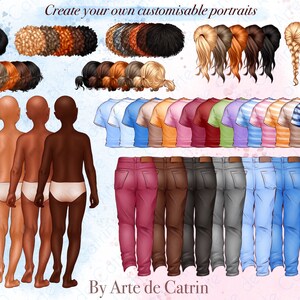 Puede incluir: Crea tus propios retratos personalizables con este conjunto de clipart digital. El conjunto incluye varios tonos de piel, peinados, camisas, pantalones y zapatos. El texto "By Arte de Catrin" est&aacute; en la parte inferior de la imagen.