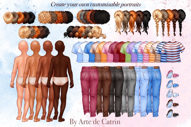 Puede incluir: Crea tus propios retratos personalizables con este conjunto de clipart digital. El conjunto incluye varios tonos de piel, peinados, camisas, pantalones y zapatos. El texto "By Arte de Catrin" est&aacute; en la parte inferior de la imagen.