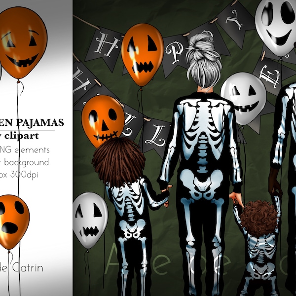 Halloween Pajamas, Family Clipart, Halloween Clipart, PNG, Customizable Clipart, Family Standing, Pumpkin Head Clipart, Skelton Clipart