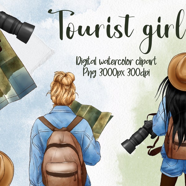 Tourist Girl Clipart, Traveler, Vacation Clipart, Fashion Clipart, Backpack Clipart, Sublimation Designs, Summer Girls, Camera, Hat, Map