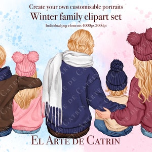 Clipart Bonjour hiver, famille en pulls, aquarelle de Noël de famille, créateur de portrait de famille bricolage, sublimation de famille, personnes vue de dos