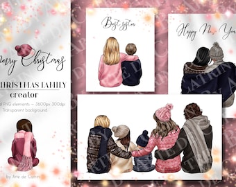 Big Cozy Family Clipart, Sitting Family, Winter Clipart, Merry Christmas, Holidays, Customizable, PNG, Family Clipart, Relationship