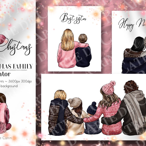 Big Cozy Family Clipart, Sitting Family, Winter Clipart, Merry Christmas, Holidays, Customizable, PNG, Family Clipart, Relationship