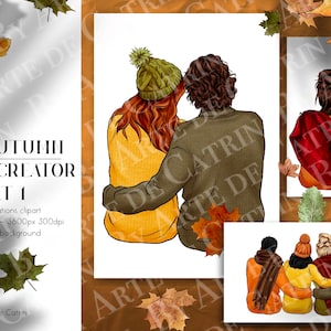 Acogedor creador de parejas de otoño Parte 1, Familia sentada, Personalizable, Imágenes prediseñadas familiares, Imágenes prediseñadas de padres, Relación, Día de San Valentín, Romántico