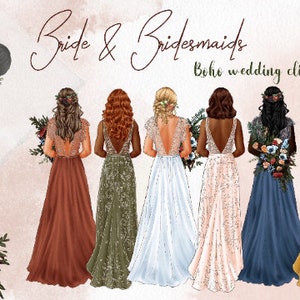 Novia y damas de honor clipart de boda, vestido de novia, clipart digital femenino, clipart de moda, mujer de espaldas, Boho Clipart, vintage