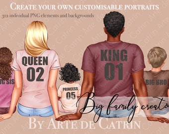 Big Family Creator Clipart, Father's Day Clipart, Mother's Day Clipart, Sitting Family Clipart, Parents and Children, Customizable, PNG