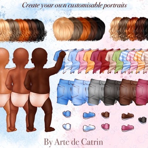 Puede incluir: Crea tus propios retratos personalizables. Un conjunto de ilustraciones digitales que representan a cuatro beb&eacute;s con diferentes tonos de piel, una variedad de peinados, camisas, pantalones cortos y zapatos.