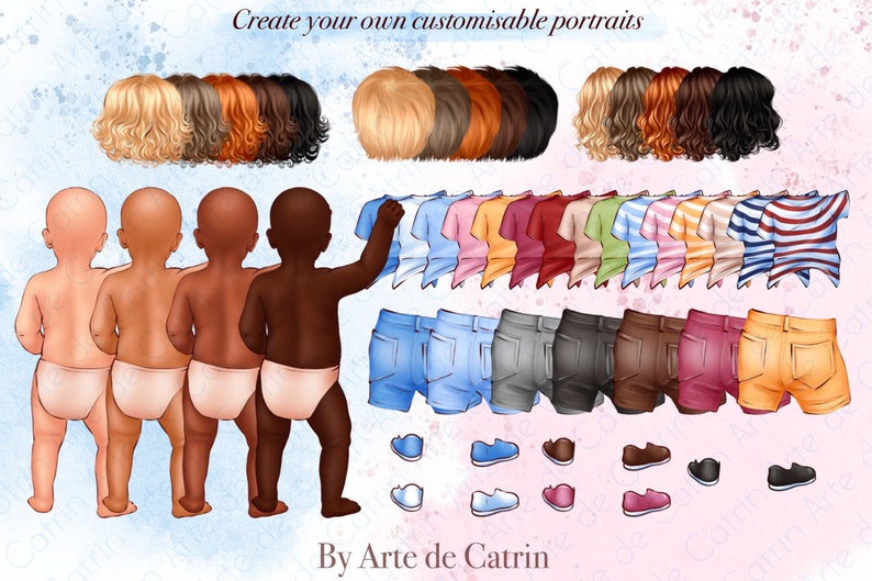 Puede incluir: Crea tus propios retratos personalizables. Un conjunto de ilustraciones digitales que representan a cuatro beb&eacute;s con diferentes tonos de piel, una variedad de peinados, camisas, pantalones cortos y zapatos.