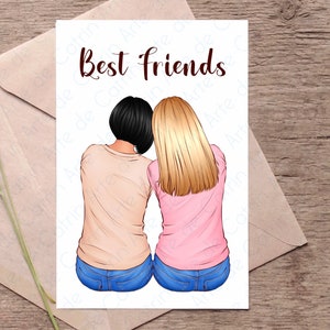K&ouml;nnte beinhalten: Eine Karte mit einer Illustration von zwei Frauen, die dem Betrachter den R&uuml;cken zukehren, eine mit schwarzen Haaren und eine mit blonden Haaren, die Jeans und T-Shirts tragen. Der Text "Best Friends" steht oben auf der Karte.