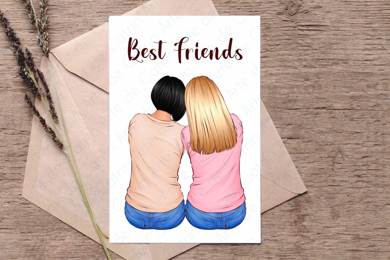 K&ouml;nnte beinhalten: Eine Karte mit einer Illustration von zwei Frauen, die dem Betrachter den R&uuml;cken zukehren, eine mit schwarzen Haaren und eine mit blonden Haaren, die Jeans und T-Shirts tragen. Der Text "Best Friends" steht oben auf der Karte.