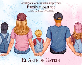 Watercolor Family Clipart (with Landscapes), DIY Family Portrait, Sitting Family Creator, Mother's Day, Gift For Mom, Back View People