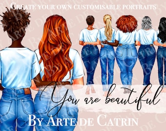 You Are Beautiful, Curvy Girl Clipart, Best friends clipart, Besties clipart, Plus Size Woman, Denim Girl, Natural Beauty, PNG, Sisters