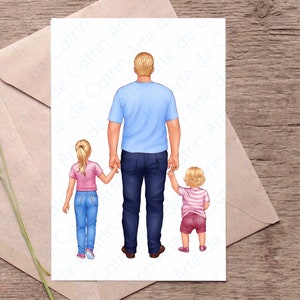 Puede incluir: Una ilustraci&oacute;n digital de un padre y dos hijas caminando de la mano. El padre lleva una camisa azul claro y pantalones vaqueros azules. Las hijas llevan camisas rosas y pantalones vaqueros. La ilustraci&oacute;n est&aacute; sobre un fondo blanco.