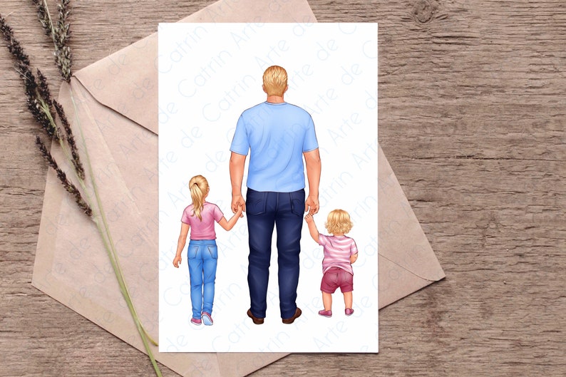 Puede incluir: Una ilustraci&oacute;n digital de un padre y dos hijas caminando de la mano. El padre lleva una camisa azul claro y pantalones vaqueros azules. Las hijas llevan camisas rosas y pantalones vaqueros. La ilustraci&oacute;n est&aacute; sobre un fondo blanco.