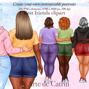 Clipart de melhores amigas, mulheres plus size, clipart de garota curvilínea, amizade feminina, irmãs de alma, clipart de besties, PNG, presente amigo diy