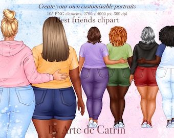 May include: Five women wearing different colored shirts and jeans are walking together. They are all smiling and looking happy. The image is a digital illustration.