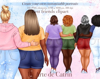 Clipart meilleurs amis, grande taille femmes, clipart fille bien roulée, amitié féminine, soul Sisters, clipart besties, PNG, cadeau ami bricolage