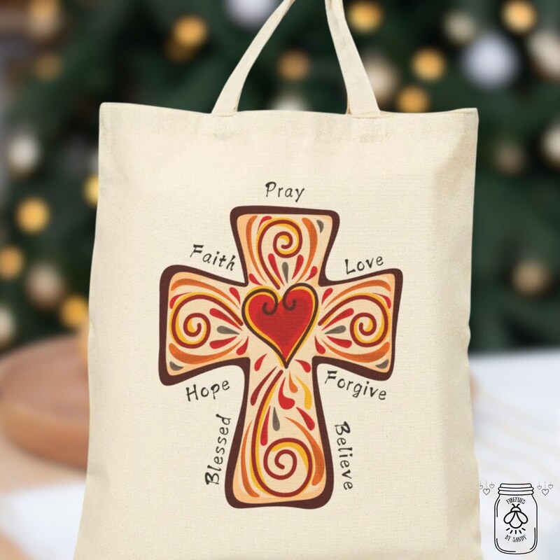 Christian Cross Pattern Print Leather Tote Bag
