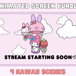 Geanimeerde schermen "Kawaii Bunny" - Twitch - Youtube - Overlay - Stream - Wolk - Roze - Schattig - Sterren - Harten - Katten - Kitty - Lucht - Kawaii