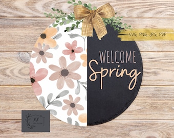 SVG/png, Bienvenido Primavera svg, Colgador de puerta SVG, Decoración de granja, Flores de primavera SVG, clip art, Silueta, archivos de corte digital, Png Jpg Pdf
