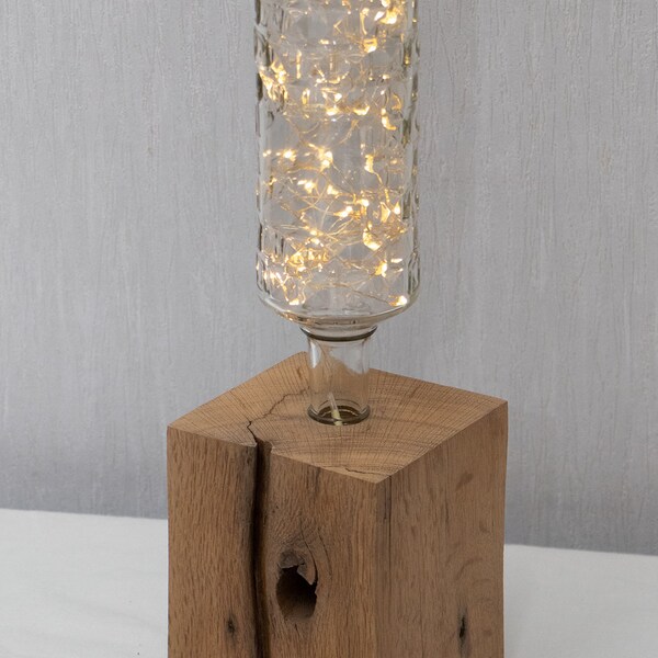 Holz-Flaschenlampe, LED-Lichterkette, Fachwerk, Balken, Unikat