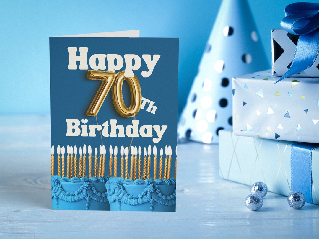 Blue and Gold 70th Birthday Card Digital Download, Dusty Blue 70th ...