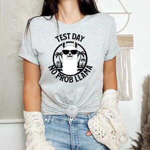 Peut inclure: T-shirt gris avec un graphique noir et blanc d'un lama portant des lunettes de soleil et des palmiers. Le texte "Test Day No Prob Llama" est imprimé sur le t-shirt.