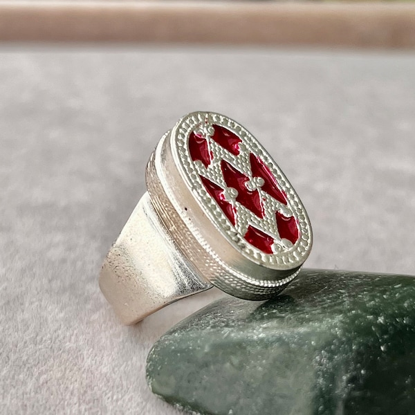 Traditional Silver Turkmen Ring,Statement Silver Enamel Ring,Silver Ethnic Ring,Authentic Silver Afghan Ring,Silver Tribal ring size
