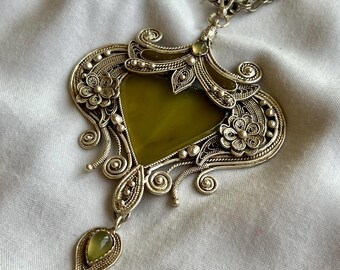 925k silver natural stone authentic filigree pendant,Silver Filigree Necklace,Art Deco Filigree,Filigree Flower,Gemsonte Silver Filigree