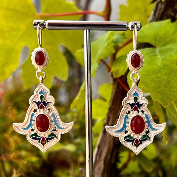 Cloisonne Enamel Silver Turkmen Earring,Carnelian Silver Kuchi Earring,Silver Afghani Jewellery,Unique Bohemian Jewelry,Silver gypsy Earring