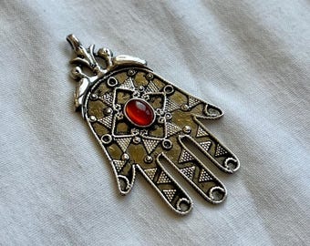 Hamsa Pendant, Hand of Fatima Carnelian Charm, Boho Gold Gilded Agate Necklace, Afghan Turkmen Kuchi Vintage Jewelry,Tribal Style Pendant