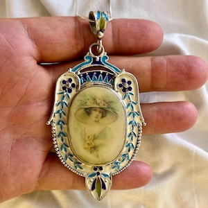 Victorian Inspired Handmade Enamel Silver Necklace, Lady Cameo Big Pendant, Antique Art Nouveau Jewelry, Edwardian Locket,Antique Pendant