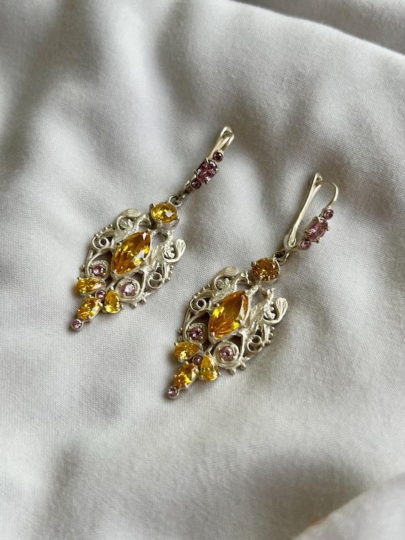 Yellow Zircon Stone Bird Earring,Silver Art Nouveau Dangle Earring,Art Deco Zircon Earring,Handmade Silver Art Nouveau Jewellery
