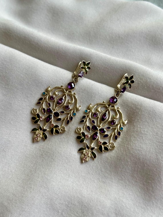 Statement Silver Flower Patterned Earrings,Large Silver Earring With Zircon Stone,Dangle Art Deco silver Cloisonne Earring,Colorful Earring