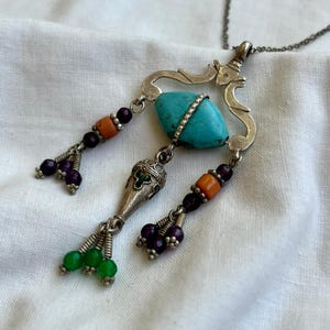 Turquoise Stone Ethnic Pendant,Statement Silver Tribal Jewelry,Vintage Silver Kuchi Jewelry,Coral Stone Turkmen Jewelry,Bohemian Pendant