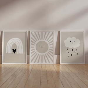 Lot de 3 décorations murales bohèmes pour chambre de bébé, art mural, soleil, arc-en-ciel, nuage, salle de jeux pour tout-petits, cadeau non sexiste pour bébé Poster