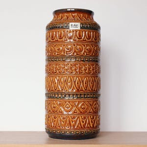Bay Keramik Floor Vase 92 40, West Germany Mid-Century Pottery, Modernist Tall Brown Ceramic Vase, Geometric Designs and Original Sticker