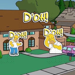 May include: Cartoon image featuring Homer Simpson in various poses with the word "D'oh!" in speech bubbles. The scene depicts a suburban neighborhood with houses, a car, and green lawns. The overall theme is a humorous cartoon.