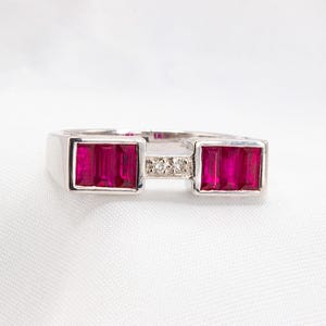 Unique 18K White Gold Ruby and Diamond Bridge Ring