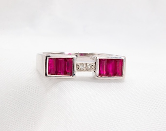 Unique 18K White Gold Ruby and Diamond Bridge Ring